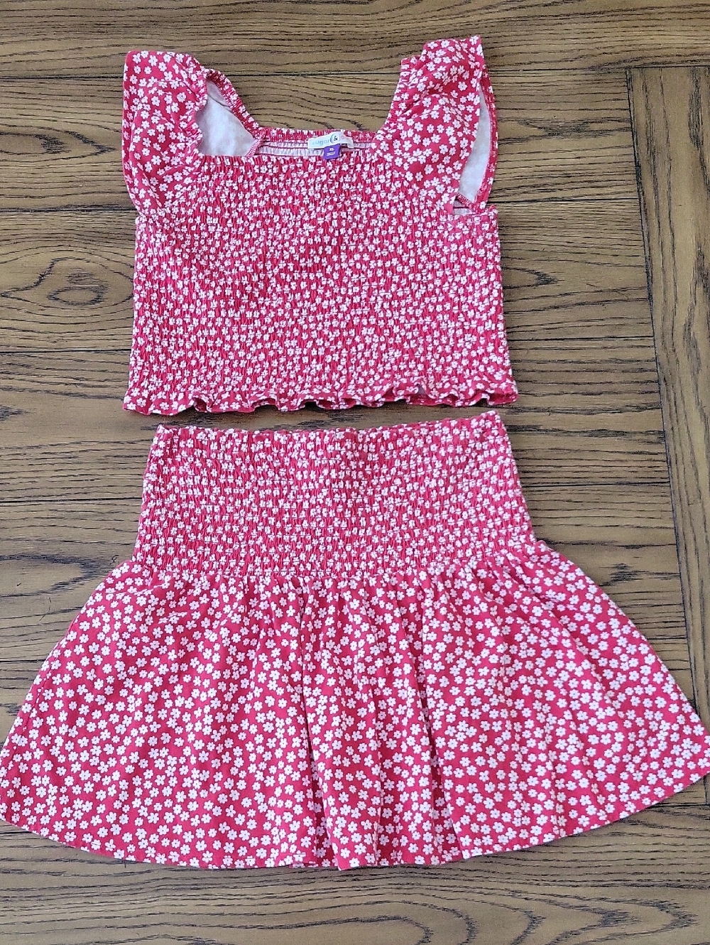 Girls Sugar & Jade Red And White Floral Smocked Two-Piece Set Size XL